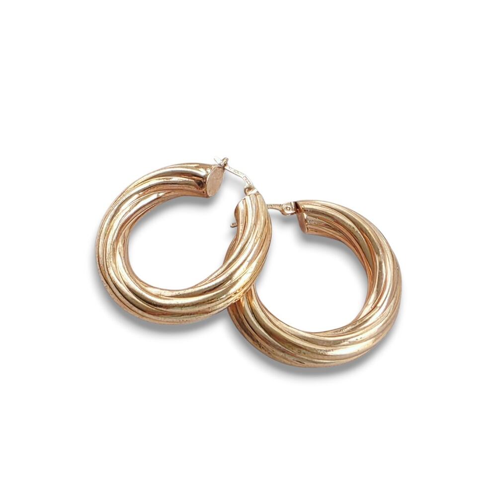 Vintage Dyadema Bronze Italy Signed Twisted Hoop Earrings. gold Large Latch